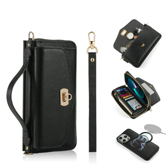 Zipper Wallet Magnetic Phone Case for iPhone 14 Plus with Wrist Strap & Lanyard, Lychee Pattern PU Leather Skew Bag Phone Cover with Makeup Mirror RFID Blocking Card Slots Case, Black