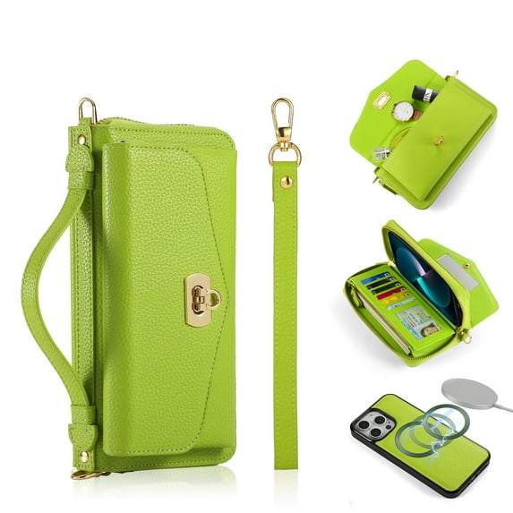 Zipper Wallet Magnetic Phone Case for iPhone 14 Plus with Wrist Strap & Lanyard, Lychee Pattern PU Leather Skew Bag Phone Cover with Makeup Mirror RFID Blocking Card Slots Case, Green