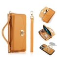 thumbnail image 1 of Zipper Wallet Magnetic Phone Case for iPhone 14 Plus with Wrist Strap & Lanyard, Lychee Pattern PU Leather Skew Bag Phone Cover with Makeup Mirror RFID Blocking Card Slots Case, Orange, 1 of 10
