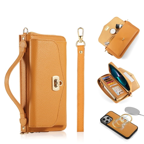 Zipper Wallet Magnetic Phone Case for iPhone 14 Plus with Wrist Strap & Lanyard, Lychee Pattern PU Leather Skew Bag Phone Cover with Makeup Mirror RFID Blocking Card Slots Case, Orange
