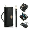thumbnail image 1 of Zipper Wallet Magnetic Phone Case for iPhone 14 Plus with Wrist Strap & Lanyard, Lychee Pattern PU Leather Skew Bag Phone Cover with Makeup Mirror RFID Blocking Card Slots Case, Black, 1 of 11