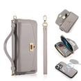 thumbnail image 1 of Zipper Wallet Magnetic Phone Case for iPhone 14 with Wrist Strap & Lanyard, Lychee Pattern PU Leather Skew Bag Phone Cover with Makeup Mirror RFID Blocking Card Slots Case, Grey, 1 of 11