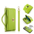 thumbnail image 1 of Zipper Wallet Magnetic Phone Case for iPhone 15, Wrist Strap & Lanyard Lychee Pattern PU Leather Skew Bag Phone Cover with Makeup Mirror RFID Blocking Card Slots, Green, 1 of 11