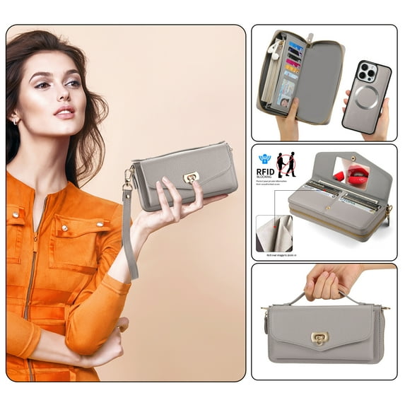 Zipper Wallet Magnetic Phone Case for iPhone 8 Plus / iPhone 7 Plus, Wrist Strap & Lanyard Lychee PU Leather Skew Bag Phone Cover with Makeup Mirror RFID Blocking Card Slots, Grey