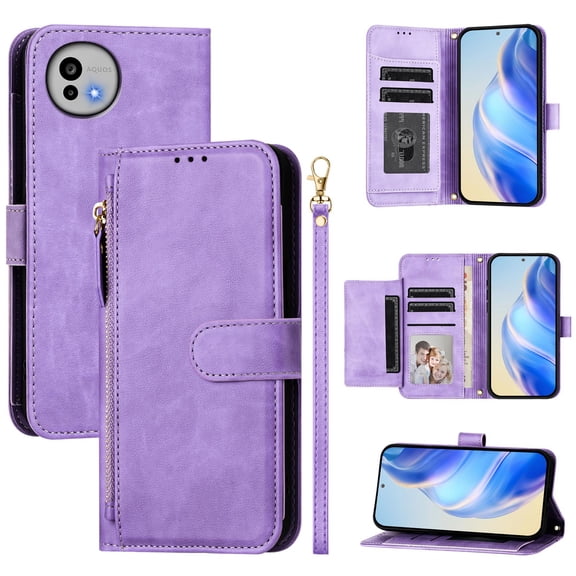 Zipper Wallet Phone Case for Sharp Aquos Wish 6,PU Leather Flip Cover with 7 Card Slots,Magnetic Closure, Kickstand, Wrist Strap, Compatible Shockproof Case.C05