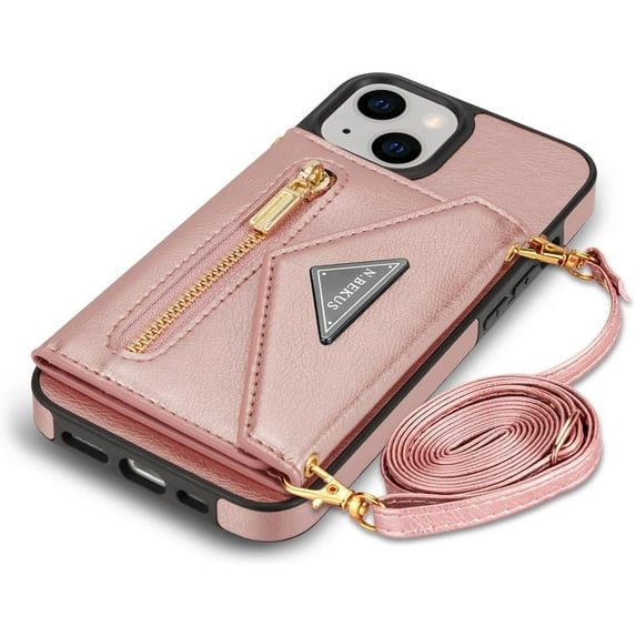 Zipper Wallet Purse Compatible with iPhone 15 Plus Crossbody Case with Strap Women Credit Card Holder Lanyard 6.7'' Kickstand Flip Leather (Pink, IP 15 Plus)