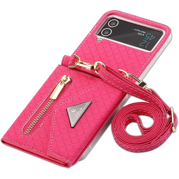 Zipper Wallet Purse for Samsung Galaxy Z Flip 4 5G Crossbody Case with Credit Card Holder Strap Lanyard Women Kickstand Flip Leather (Rose, Z Flip 4)