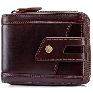 SCHLATUM Genuine Leather Wallets for Men with Zipper RFID Blocking Large Capacity Retro Mens Wallet, Brown