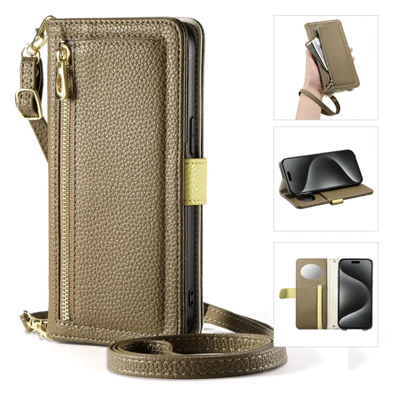 Zipper Wallet with Mirror Card Holder Crossbody Lanyard Phone Case For iPhone 16 Pro Max 15 Plus 14 13 12 16e PU Leather Cover
