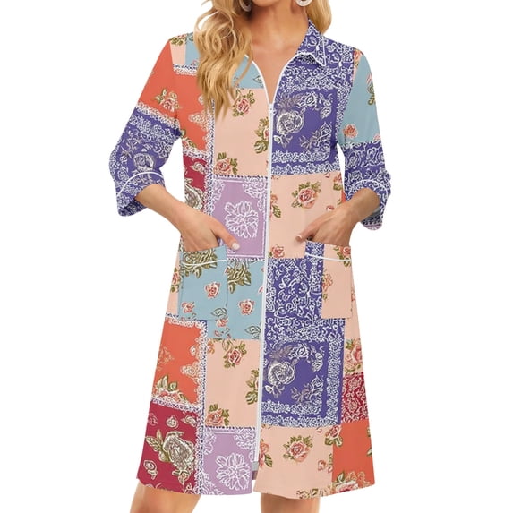 Zipper Women's Robes Lightweight 3/4 Length Sleeve Bathrobes for Women Zip Up Front Knee Length Vintage Floral Print Plus Size Pajama Sleepwear with Pockets Sky Blue XL