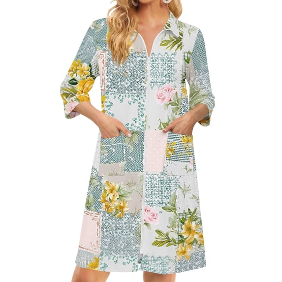 Zipper Women's Robes Lightweight 3/4 Length Sleeve Womens Bathrobe Zipper Front Knee Length Vintage Floral Print Casual Pajama Sleepwear with Pockets Cyan XXL