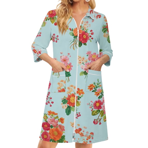 Zipper Women's Robes Lightweight Loose Fit Bathrobes for Women Zipper Front 3/4 Length Sleeve Knee Length Vintage Floral Print Plus Size Pajama Sleepwear with Pockets Light Blue XXL