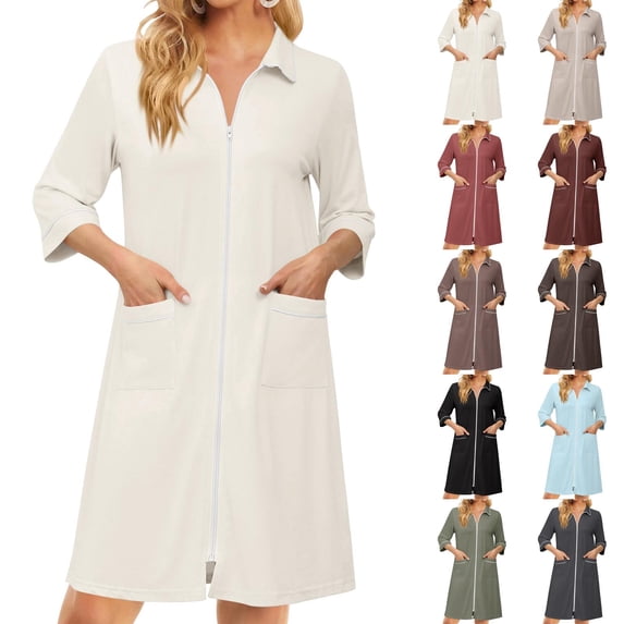 Zipper Women's Robes Lightweight Soft Summer Housecoats for Women Zip Up Front 3/4 Sleeve Knee Length Trendy Pajama Loungewear with Pockets Beige S