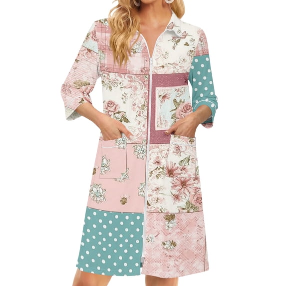 Zipper Women's Robes Lightweight Soft Womens Bathrobe Zip Up Front 3/4 Length Sleeve Knee Length Vintage Floral Print Loose Fit Bathrobe Nightgown with Pockets Pink L