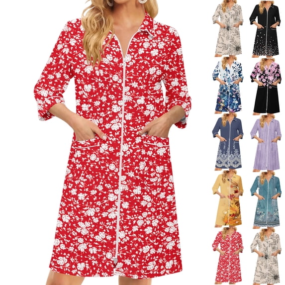 Zipper Women's Robes Lightweight Soft Womens Bathrobe Zip Up Front 3/4 Sleeve Knee Length Vintage Floral Print Trendy Sleepwear Nightgown with Pockets Red L