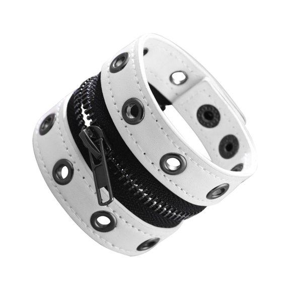 Zipper Wristband Wide Straps Bangle Jewelry Belt PU Leather Punk Bracelet for Adults Unisex, , Shopping, Halloween, Cosplay White