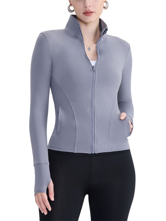 Zipper Yoga Wear Jacket Elastic Waist Cinching Running Pilates Fitness Long Sleeved Sports Top 2XL,Grey-1