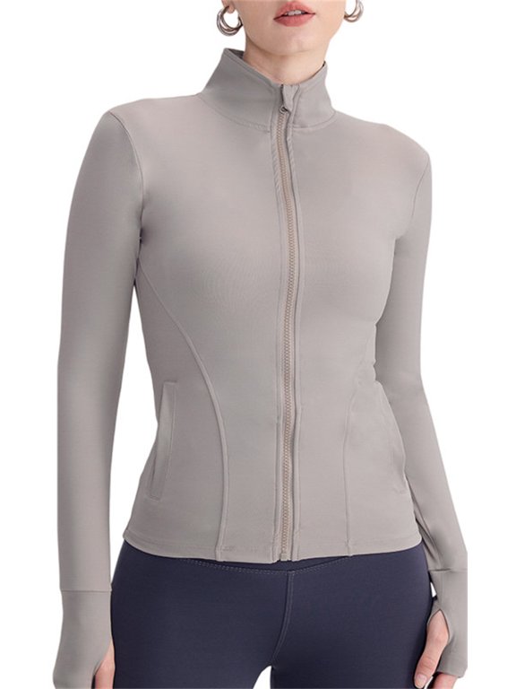 Zipper Yoga Wear Jacket Elastic Waist Cinching Running Pilates Fitness Long Sleeved Sports Top 2XL,Latte-1