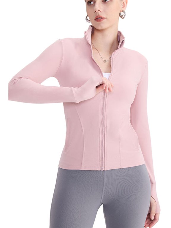 Zipper Yoga Wear Jacket Elastic Waist Cinching Running Pilates Fitness Long Sleeved Sports Top L,Pink-1