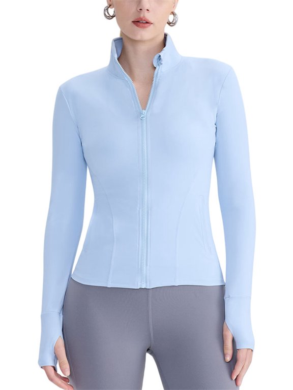 Zipper Yoga Wear Jacket Elastic Waist Cinching Running Pilates Fitness Long Sleeved Sports Top M,SkyBlue-1