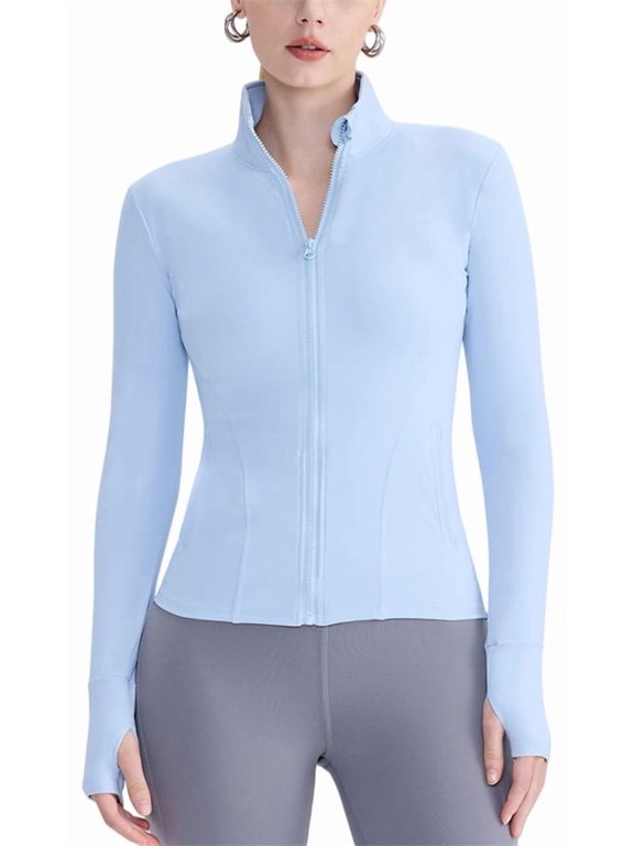 Zipper Yoga Wear Jacket Elastic Waist Cinching Running Pilates Fitness Long Sleeved Sports Top XL,SkyBlue-1
