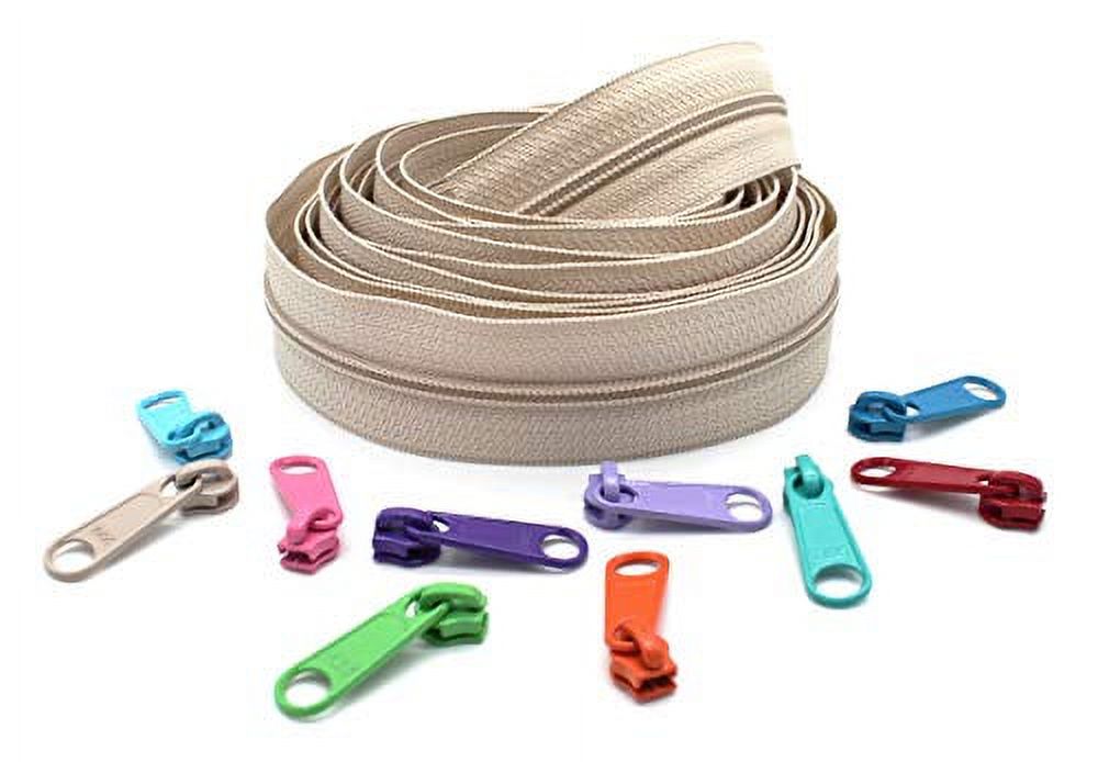 Zipper by The Yard - Ykk #4.5 Nylon Coil Zippers Chain Beige 5-Yards of  Make Your Own Zipper and 10 Multicolored Pulls in Soft Vinyl 