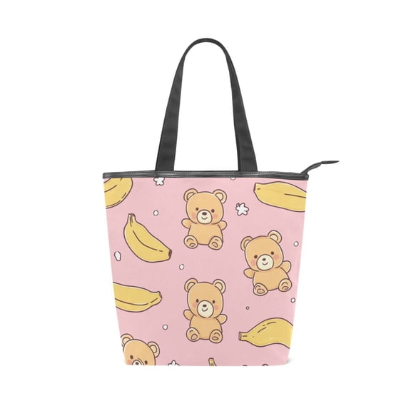 Zipper canvas bag, large capacity large size practical handbag, durable Canvas with leather material, DIY personalized pattern customization. Bears and Bananas