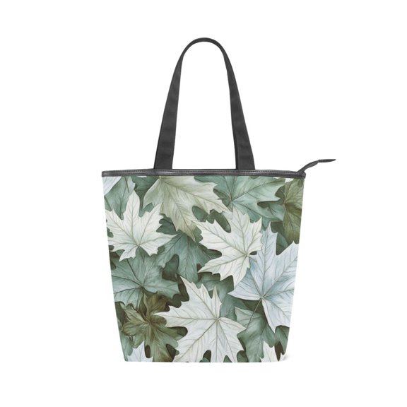 Zipper canvas bag, large capacity large size practical handbag, durable Canvas with leather material, DIY personalized pattern customization. Green Maple Leaves