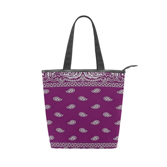 Zipper canvas bag, large capacity large size practical handbag, durable Canvas with leather material, DIY personalized pattern customization. Purple Paisely Print