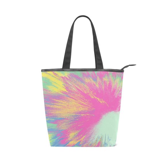 Zipper canvas bag, large capacity large size practical handbag, durable Canvas with leather material, DIY personalized pattern customization. Radiant Colorful Tie-dye