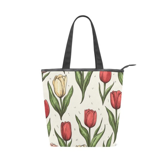 Zipper canvas bag, large capacity large size practical handbag, durable Canvas with leather material, DIY personalized pattern customization. Red Yellow Tulips