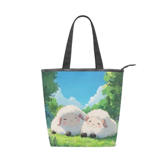 Zipper canvas bag, large capacity large size practical handbag, durable Canvas with leather material, DIY personalized pattern customization. Two Sheeps
