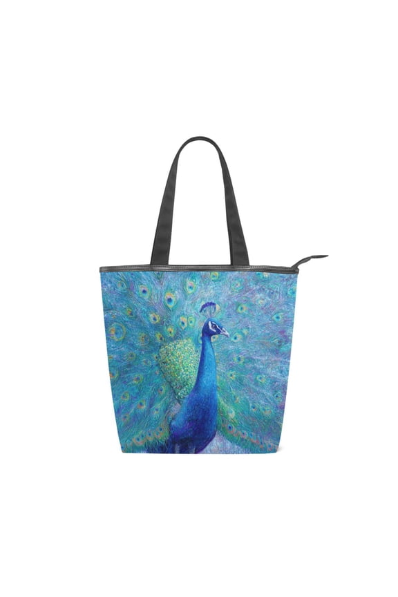 Zipper canvas bag large capacity large size practical handbag durable Canvas with leather material Beautiful Majestic Peacock