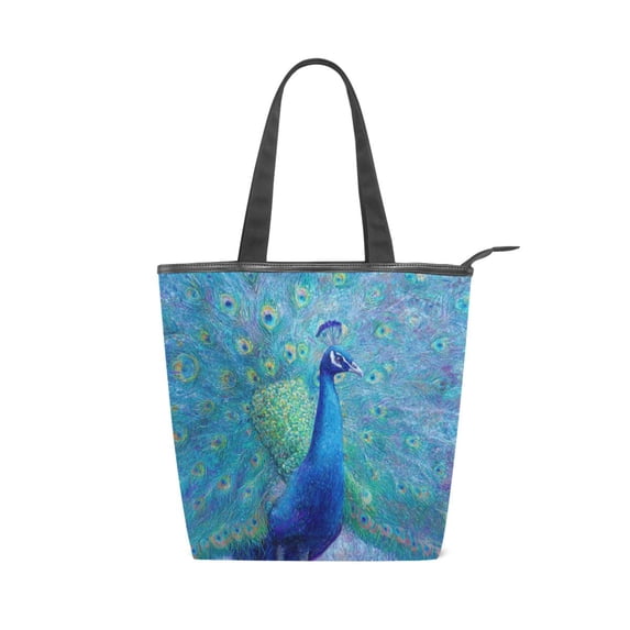 Zipper canvas bag large capacity large size practical handbag durable Canvas with leather material Beautiful Majestic Peacock