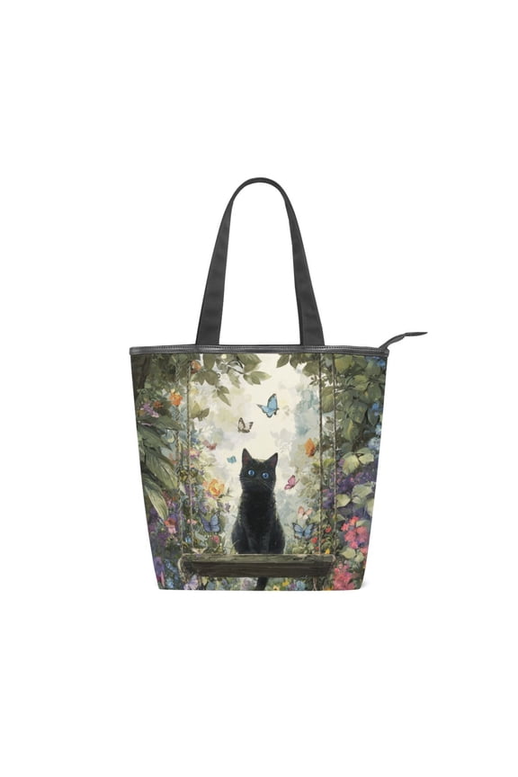 Zipper canvas bag large capacity large size practical handbag durable Canvas with leather material Black Cat on A Swing