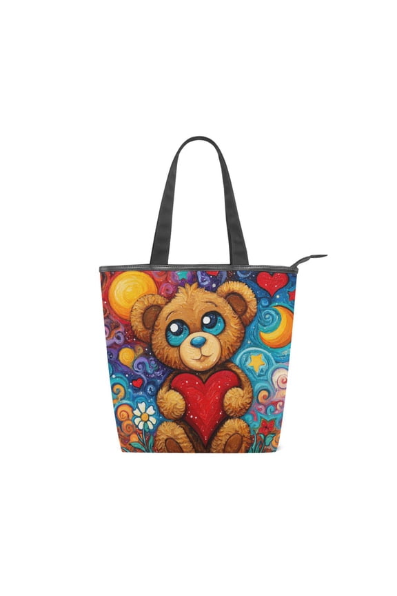 Zipper canvas bag large capacity large size practical handbag durable Canvas with leather material Brown Bear and Red Heart