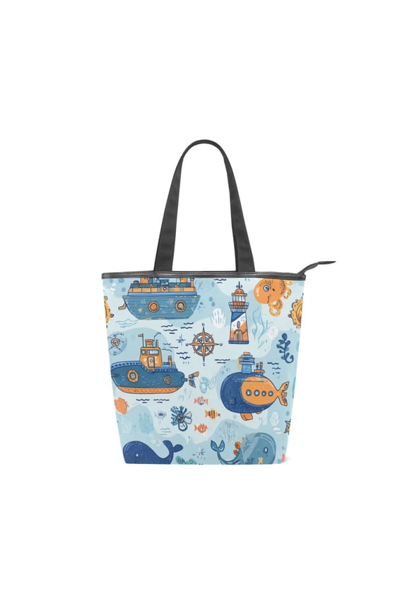 Zipper canvas bag large capacity large size practical handbag durable Canvas with leather material Cartoon Ocean World