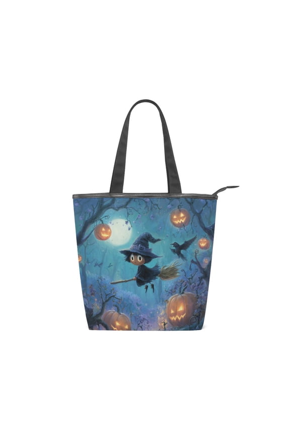 Zipper canvas bag large capacity large size practical handbag durable Canvas with leather material Cartoon Pumpkin-headed Witch