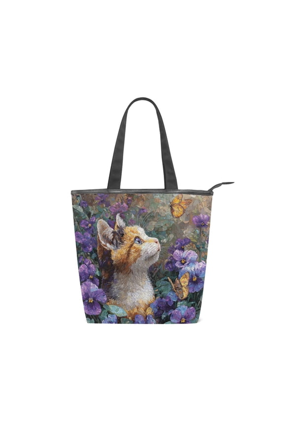 Zipper canvas bag large capacity large size practical handbag durable Canvas with leather material Cat From Violet