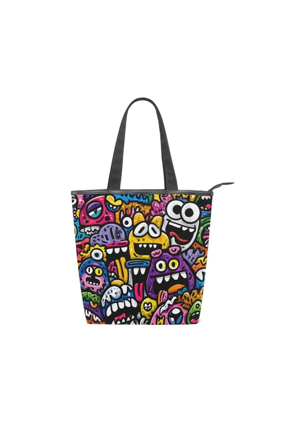 Zipper canvas bag large capacity large size practical handbag durable Canvas with leather material Colorful Cartoon Monsters