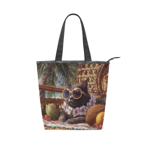 Zipper canvas bag large capacity large size practical handbag durable Canvas with leather material Cool Black Cat on Vacation