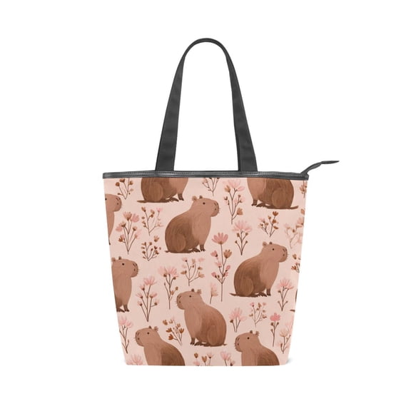 Zipper canvas bag large capacity large size practical handbag durable Canvas with leather material Cute Brown Capybara Pattern