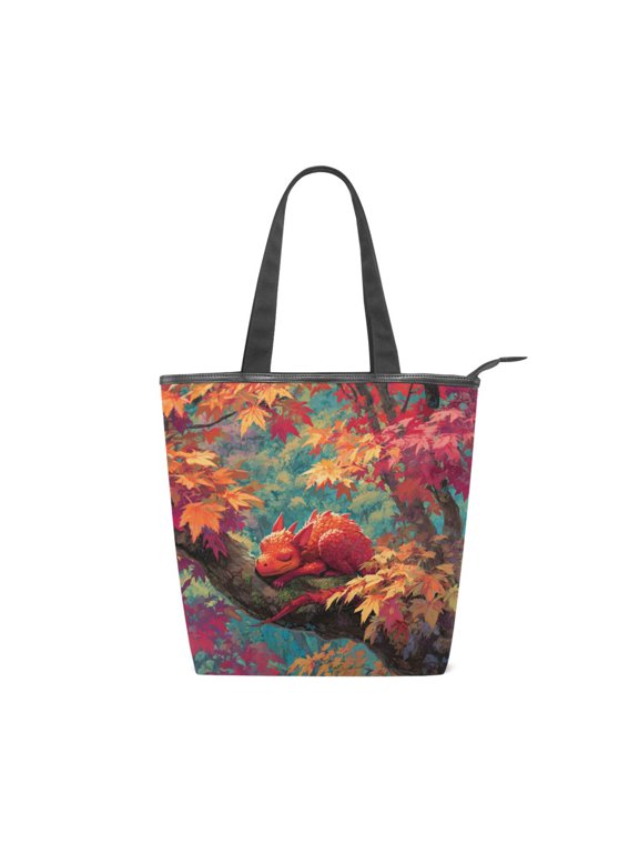 Zipper canvas bag large capacity large size practical handbag durable Canvas with leather material Cute Red Dragon at Rest