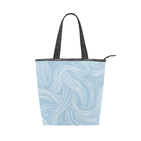 Zipper canvas bag large capacity large size practical handbag durable Canvas with leather material Light Blue Wavy Lines