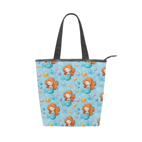 Zipper canvas bag large capacity large size practical handbag durable Canvas with leather material Little Mermaids and Seashells
