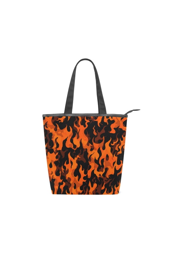 Zipper canvas bag large capacity large size practical handbag durable Canvas with leather material Orange and Black Flames