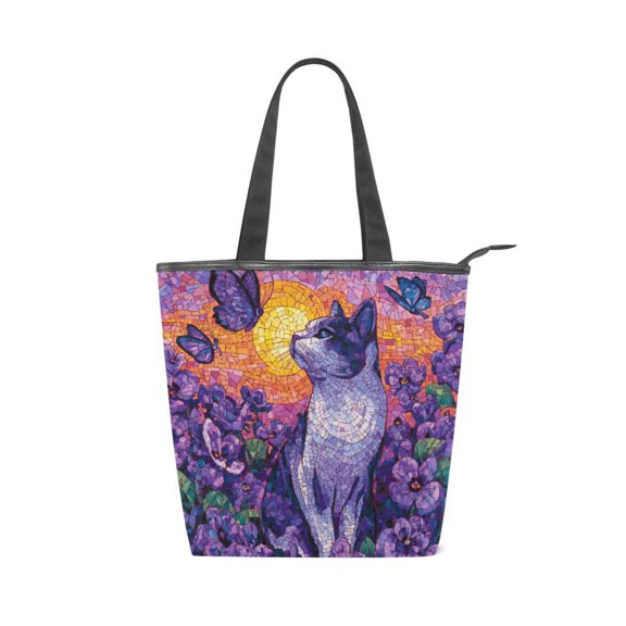 Zipper canvas bag large capacity large size practical handbag durable Canvas with leather material Purple Cat Flowers and Butterflies