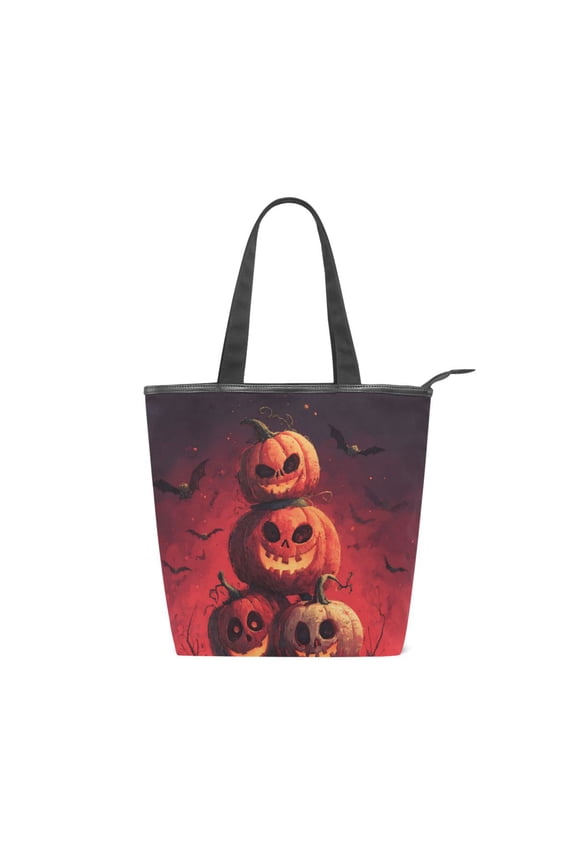 Zipper canvas bag large capacity large size practical handbag durable Canvas with leather material Red Evil Pumpkins