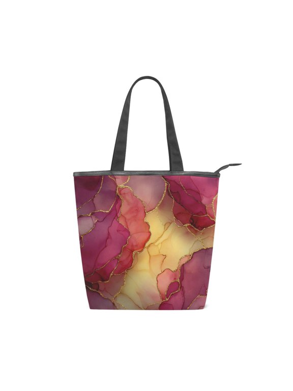 Zipper canvas bag large capacity large size practical handbag durable Canvas with leather material Red Marble Pattern