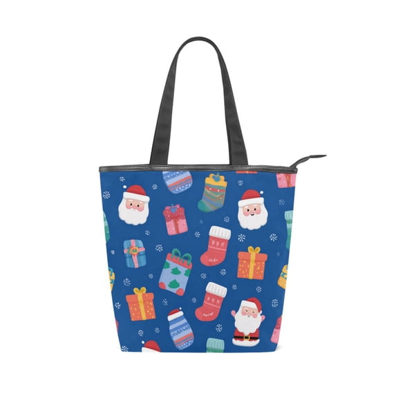 Zipper canvas bag large capacity large size practical handbag durable Canvas with leather material Santa Claus and Gifts Pattern